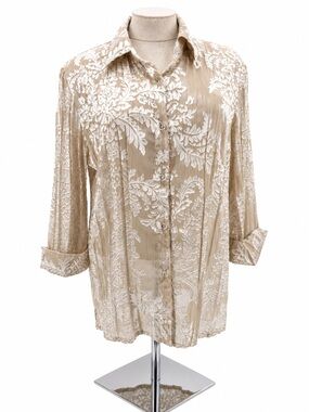 Graff by Um Company Beige White Sheer Button Blouse Petite Small